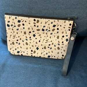 Rubie Mini zippered pouch with wristlet strap - Terrazzo/Denim Distressed Pebble